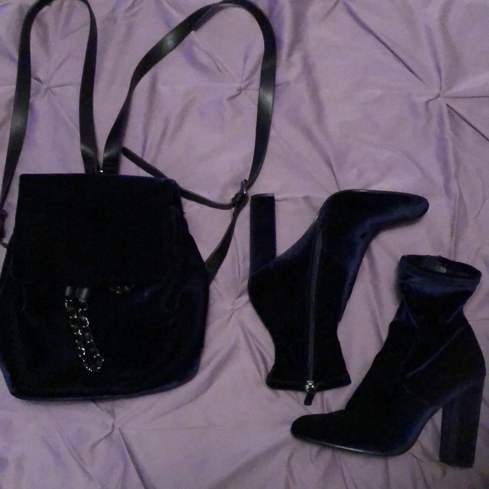 Blue velvet SM EDIT booties and velvet backpack